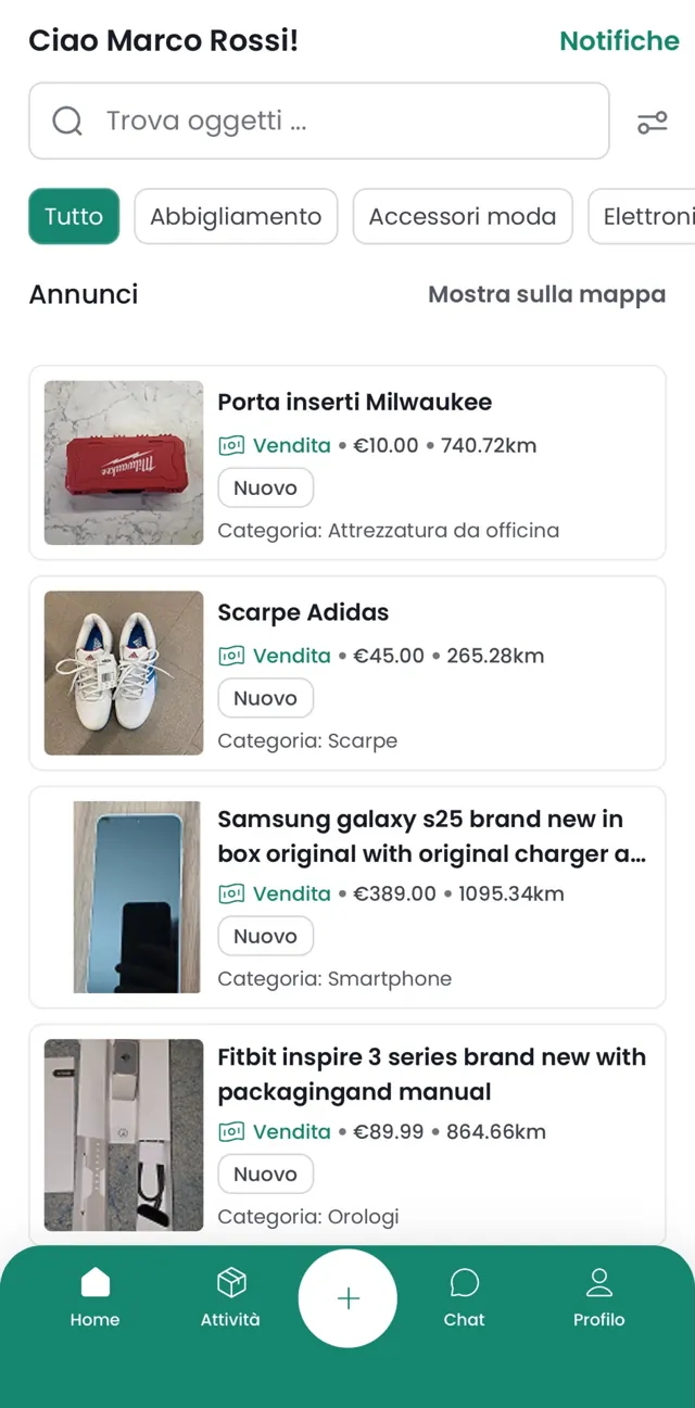 Schermata Home dell’app Swappo con gli annunci vicini