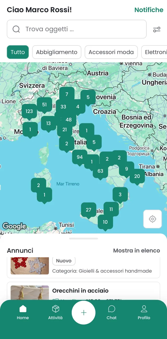 Mappa interattiva di Swappo con gli oggetti disponibili intorno a te