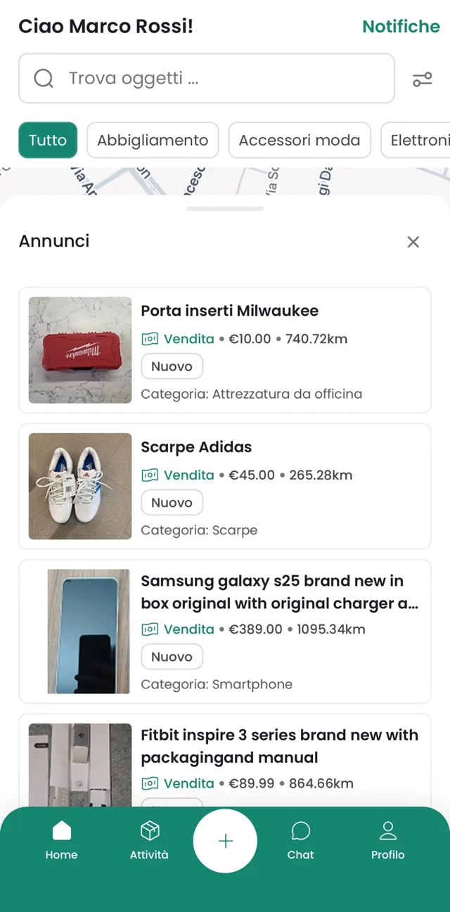 Mappa interattiva di Swappo con gli oggetti disponibili intorno a te